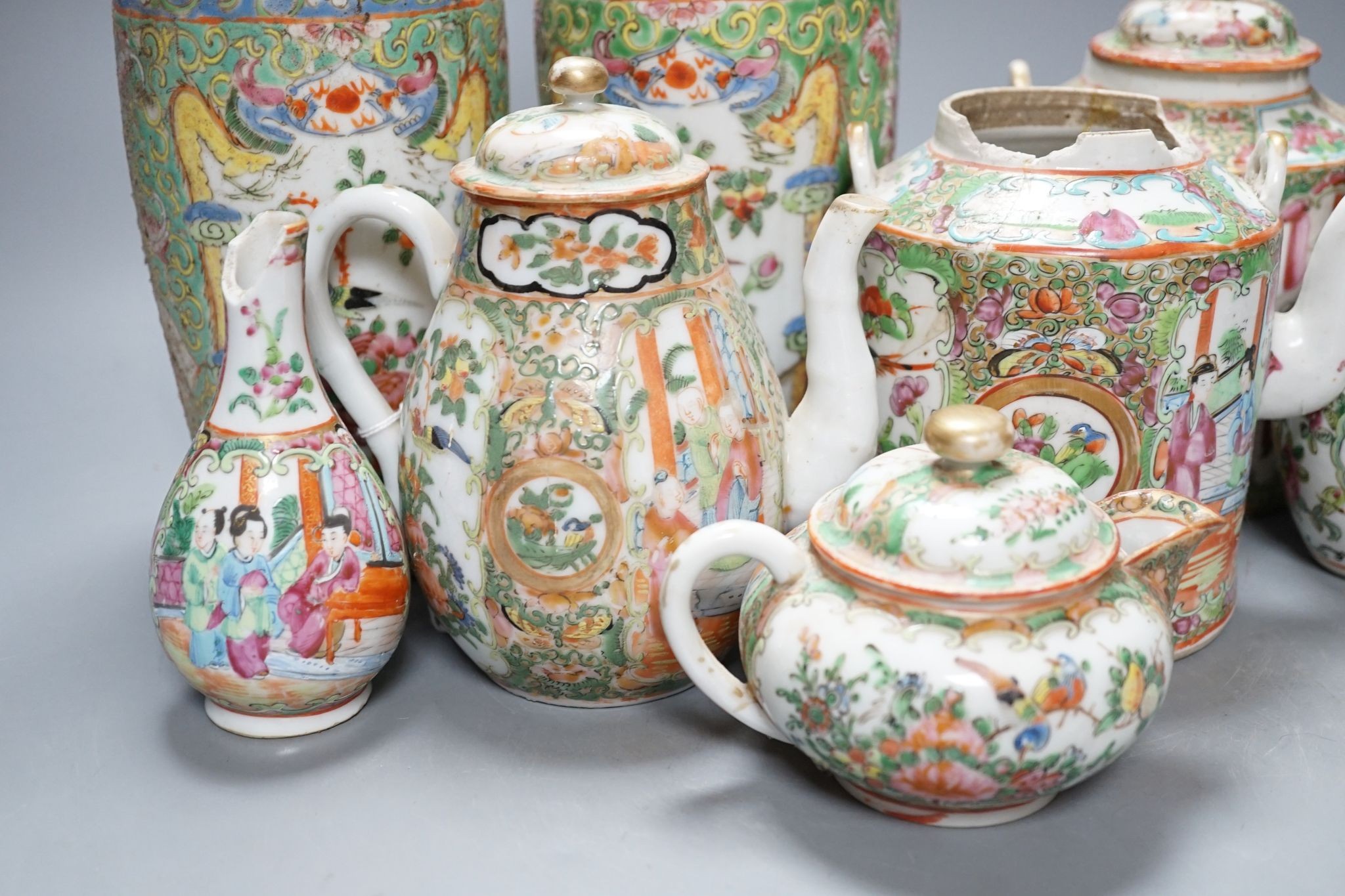 A group of Canton famille teawares and vases, largest 25cm